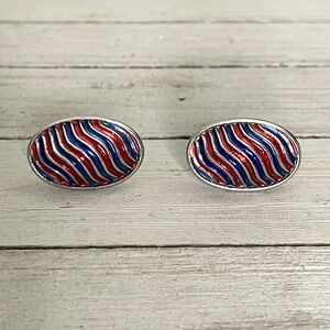 Silver Tone Red and Blue Enamel Wave Oval Cuff Links